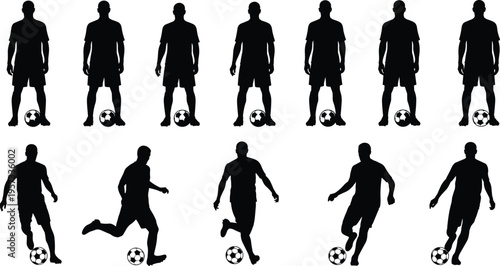Set of soccer player silhouettes with ball showing standing and dribbling poses isolated on white background for sports and football design use