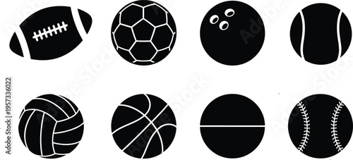 Set of sports ball silhouettes including football soccer basketball volleyball tennis baseball and bowling isolated on white background for design use
