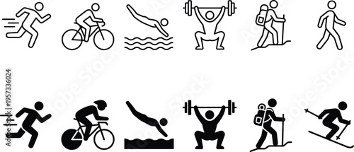 Set of sport activity icons including running cycling swimming weightlifting hiking and skiing isolated on white background for fitness design use