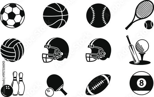 Set of sports equipment icons including soccer basketball baseball tennis bowling and football isolated on white background for game and fitness design use