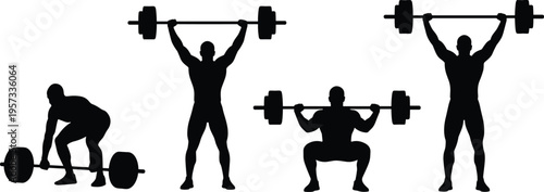 Set of weightlifting silhouettes performing deadlift squat and overhead press exercises isolated on white background for fitness and strength training designed of weightlifting silhouettes performing 