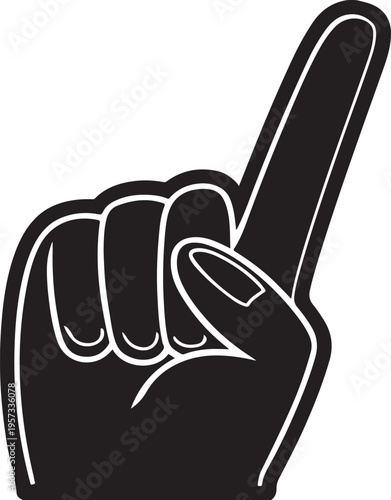 Black foam finger glove raised up showing number one sign for sports and celebrations