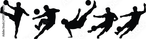 Soccer player silhouettes set showing kicks, volleys and acrobatic shots, dynamic football action collection isolated on white background sport concept