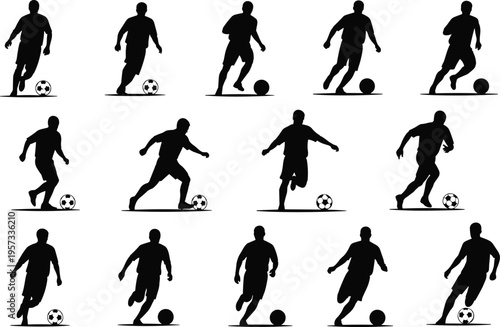 Soccer player silhouettes set showing dribbling and ball control movements, dynamic football action collection isolated on white background sport concept