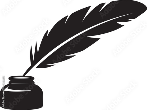 Black inkwell and quill feather icon set against transparent background in flat style art