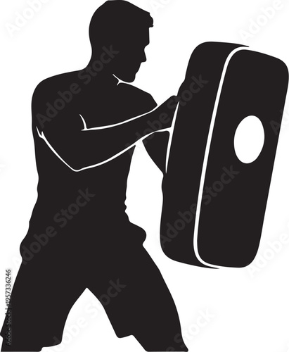 Martial arts training, kickboxing punching shield, combat sports equipment, fitness vector icon