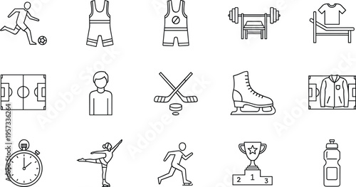 Sports equipment and athlete icons set with soccer, hockey, skating and fitness elements, minimal line design collection isolated on white background