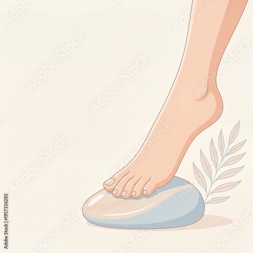 Human foot stepping on a blue stone with a plant illustration  