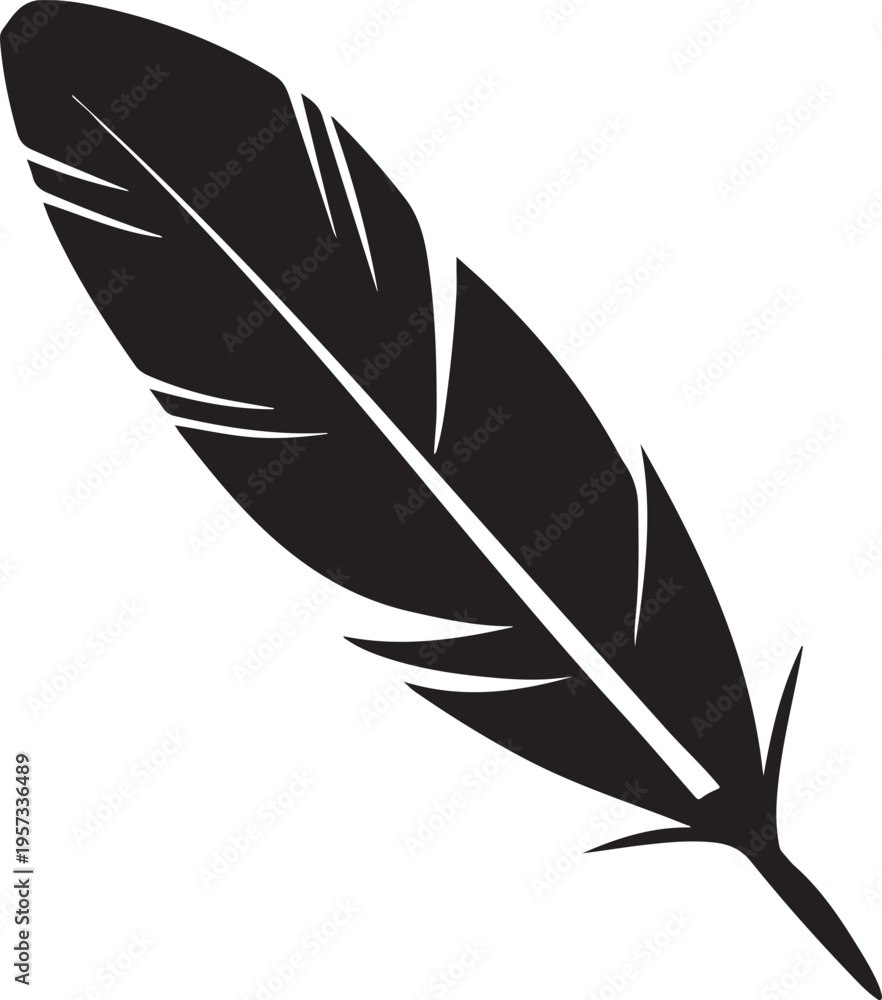 Fototapeta premium Single black feather isolated vector silhouette on transparent background design element