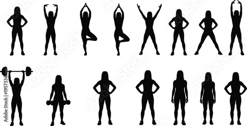 Women fitness silhouettes set showing standing poses, stretching, yoga balance and weightlifting exercises, active lifestyle collection isolated on white background