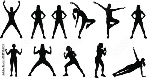 Women fitness silhouettes set showing workout poses, stretching, yoga and strength exercises, dynamic active lifestyle isolated on white background concept