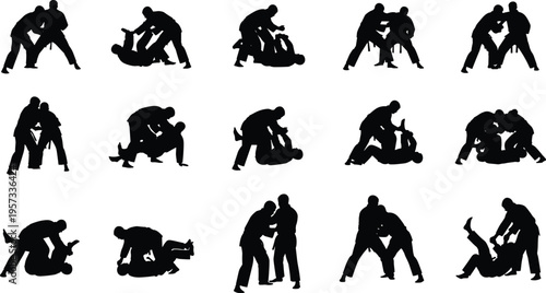 Wrestling and self defense silhouettes set featuring grappling fighting and martial arts techniques isolated on white background sports vector illustration