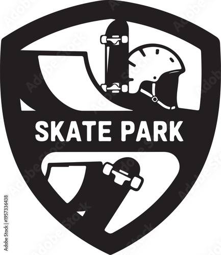 Skate park logo, shield icon, skateboarding emblem, black and white design