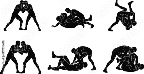Wrestling silhouettes set showing grappling, takedowns and ground fighting techniques, combat sport training collection isolated on white background concept