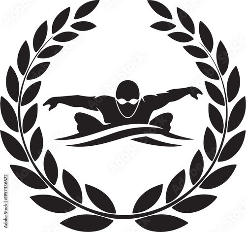 Black vector swimming icon, athletic laurel wreath, sports logo, aquatic champion badge