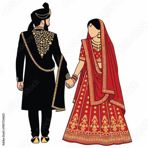 Traditional Indian wedding couple in black sherwani and red lehenga holding hands