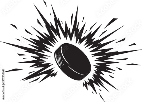 Hockey puck, explosive motion, black vector icon, sports graphic
