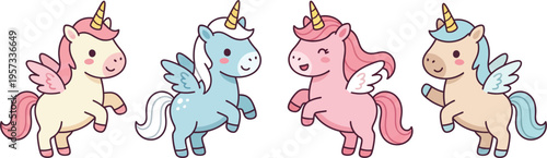 Set Of Fantasy Pegasus Unicorns, Cute pastel unicorn vector set with wings colorful cartoon fantasy horses illustration