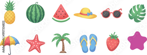 A vibrant collection of summer icons featuring fruits beachwear and tropical symbols