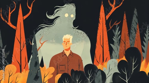 Fantasy Character Spirit in Mystical Autumn Forest with Tall Pine Trees - Unique Cartoon Style Night Scene Illustration with Eco Theme and Burning Foliage in Vector Art