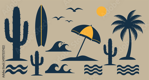 Desert beach scene with cacti palm trees and seagulls under a sun