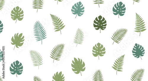 A seamless pattern of various green and teal tropical leaves is scattered across a clean white background.