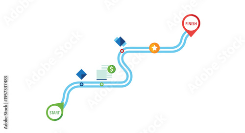 A winding blue path with start and finish pins and various icons is laid out on a clean white background.