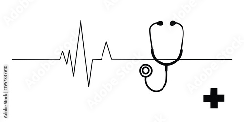 A stethoscope and ecg heartbeat line with a medical cross a for healthcare concepts