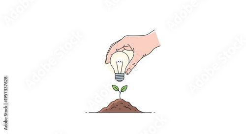 A hand holds an illuminated lightbulb over a small green seedling growing from a mound of soil.