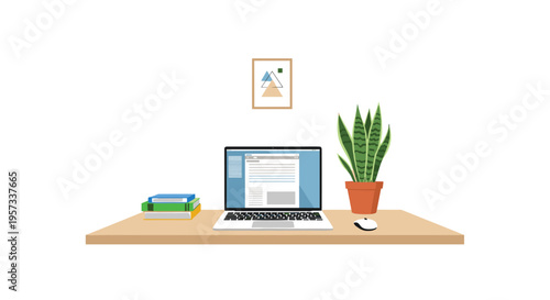 A laptop, books, and a plant are arranged on a wooden desk with a framed picture on the wall.