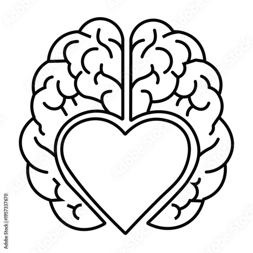 A creative line drawing of a brain with a heart in the center symbolizing love and intelligence