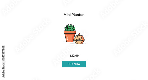 A minimalist illustration shows a mini planter with a succulent and a candle, priced at 12.99, with a BUY NOW button on a white background.