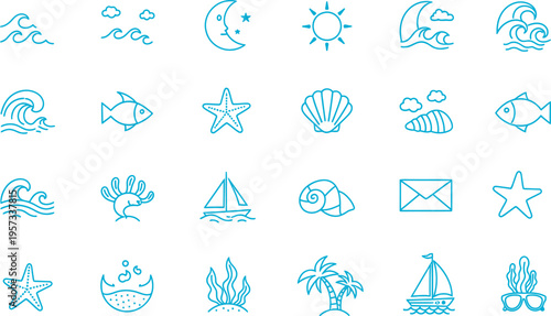 A collection of 20 unique beach and sea themed icons in blue line art on a white background with various nautical symbols