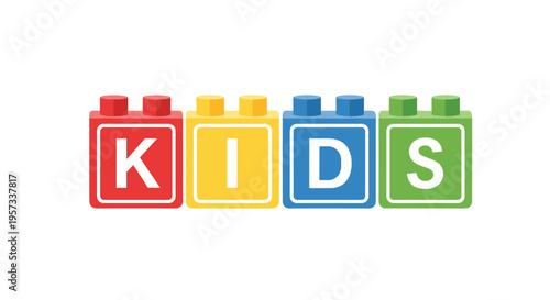 Four colorful toy blocks spelling KIDS are arranged horizontally on a white background.