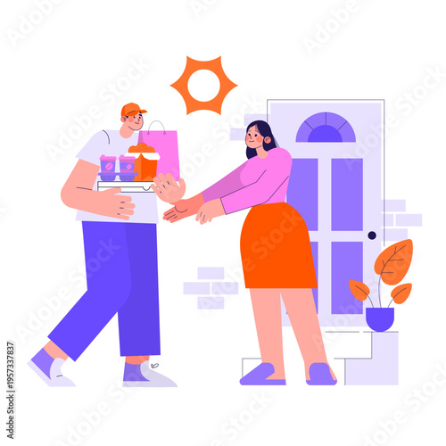 Food Delivery Vector Illustration with Happy Interaction
