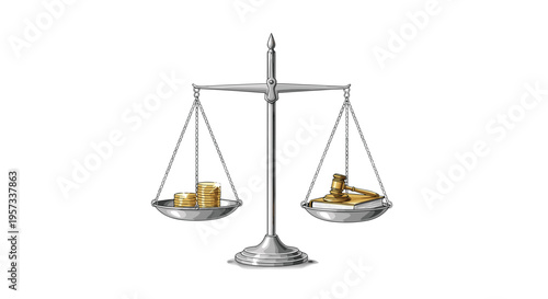 A silver balance scale holds gold coins on one side and a gavel on a book on the other, perfectly balanced on a white background.
