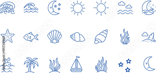 A collection of blue nautical and celestial icons on a white background