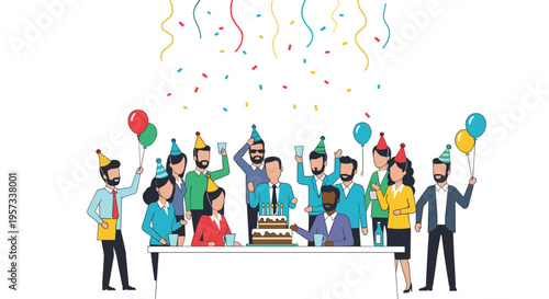 A diverse group of people celebrates a birthday with cake, balloons, and confetti around a table.