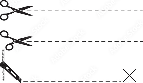 Cutting Guide Icons with Dashed Lines – Scissors and Utility Knife Illustration