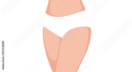 A woman's lower torso and upper thighs are shown in white underwear against a light background.