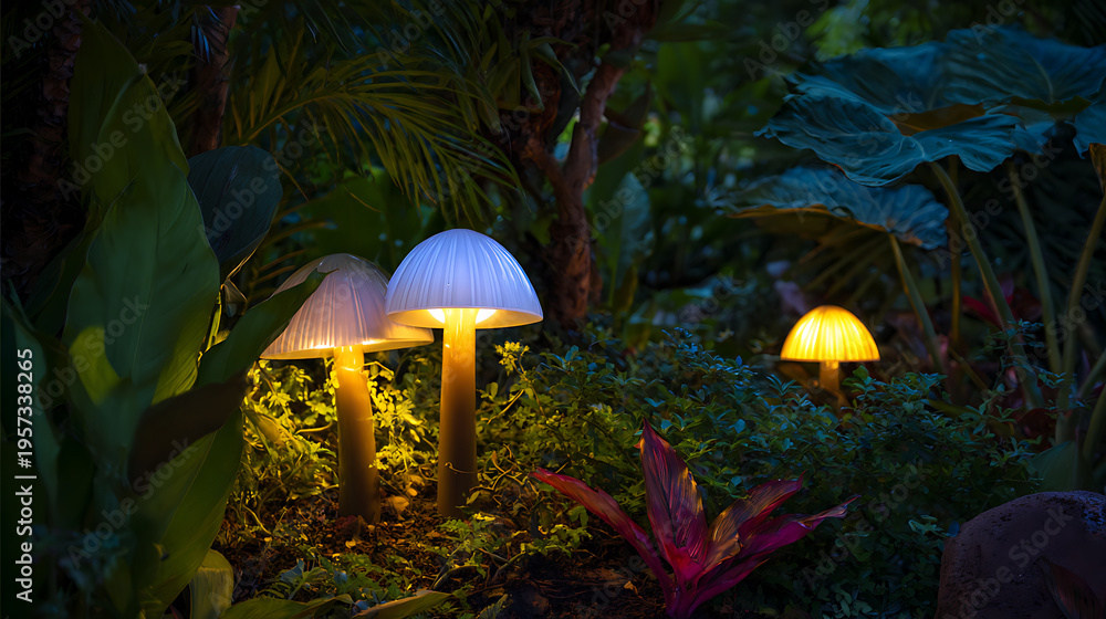 Fototapeta premium Enchanting glowing mushroom lamps illuminate a magical, lush green garden at night, creating an ethereal and whimsical atmosphere with soft, vibrant light