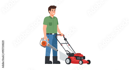 A smiling man in a green shirt and blue jeans is holding a leaf blower and pushing a red lawnmower.