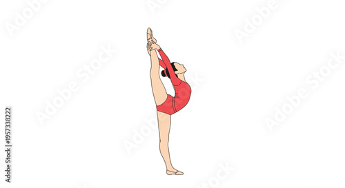 A female gymnast in a red leotard is performing a vertical split while holding her foot.