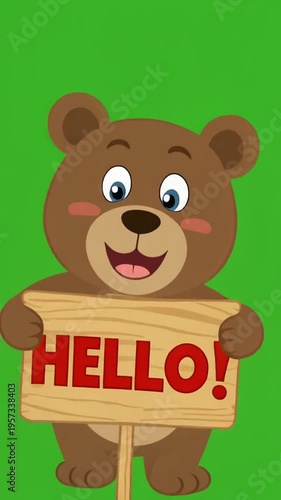 Cartoon bear holding wooden sign with greeting text on green background for advertising or educational use