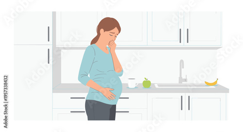 A pregnant woman feels nauseous in a modern kitchen with white cabinets and fruit on the counter.