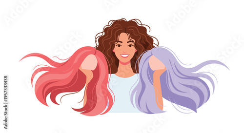 A smiling woman with curly brown hair is surrounded by pink and purple wigs on a white background.