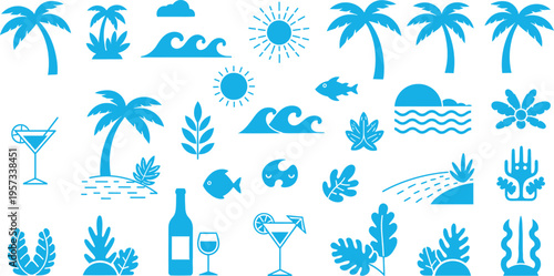 A collection of blue tropical icons on a white background featuring coconut trees beach and summer related symbols