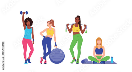 Four diverse women in activewear pose with fitness equipment on a white background.