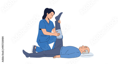A female physical therapist helps an elderly man with a leg exercise on a white background.