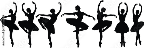 Ballet dancer silhouettes set showing graceful poses and movements, classical dance performance collection isolated on white background, elegance and art concept